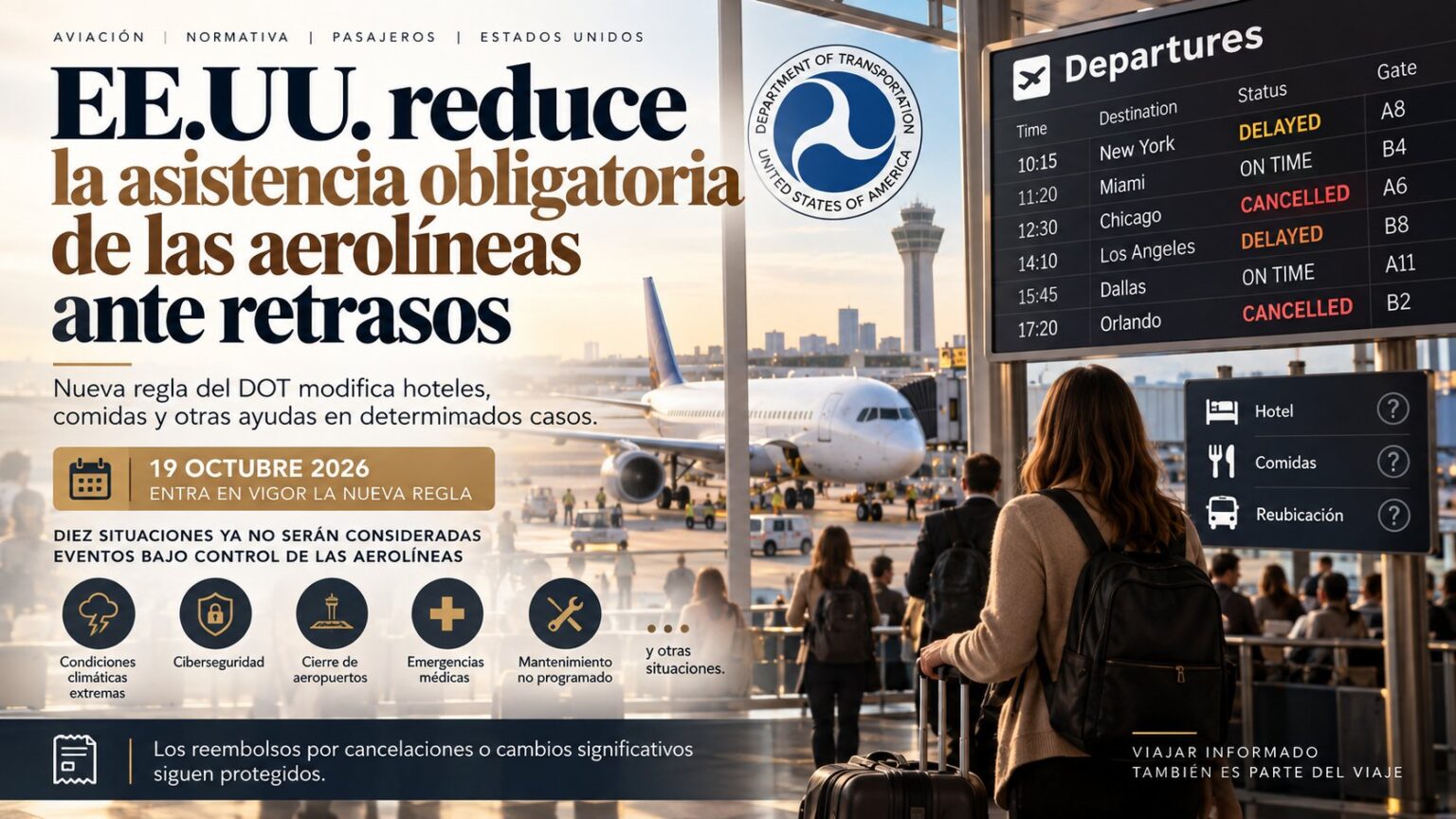 EE.UU. reduce la asistencia obligatoria de las aerolíneas ante retrasos